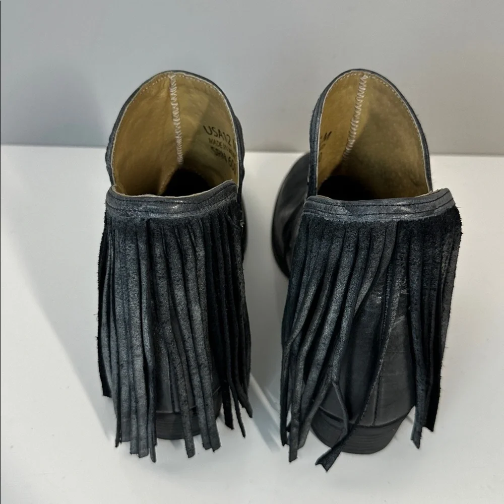 Black Leather Fringe Studded Cowboy Ankle Boots